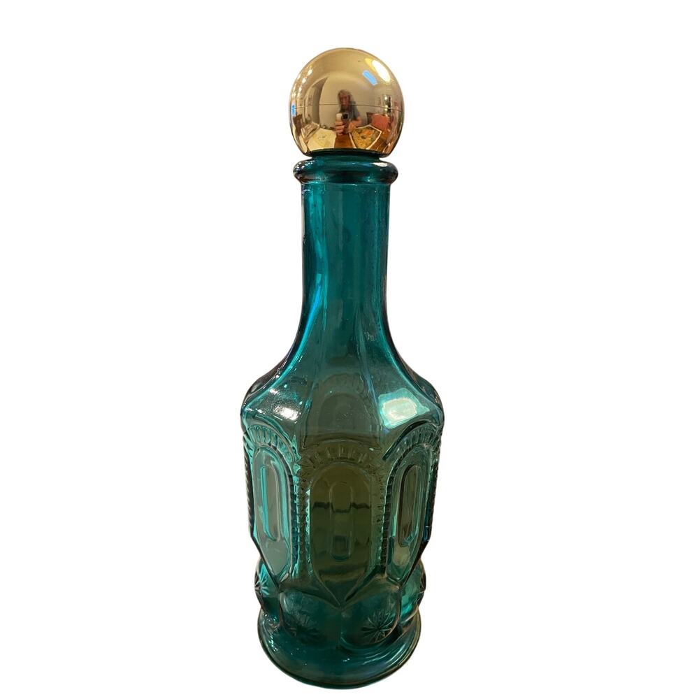 Vintage Teal Blue Pressed Glass Decanter Bottle Screw On Gold Ball Lid 8.5”